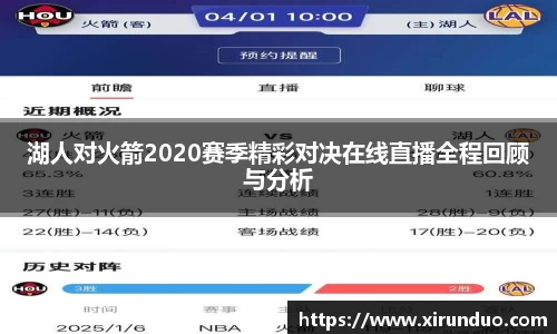 湖人对火箭2020赛季精彩对决在线直播全程回顾与分析